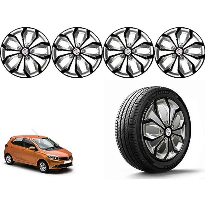 Auto Pearl 4 Pcs 14 inch Polypropylene Black & Silver Press Type Car Wheel Cover Set with Retention Ring for Tata Tiago XT & XZ 2016-2018, 14WC_Pearl_Rev_Tiago2016_18XT_XZ