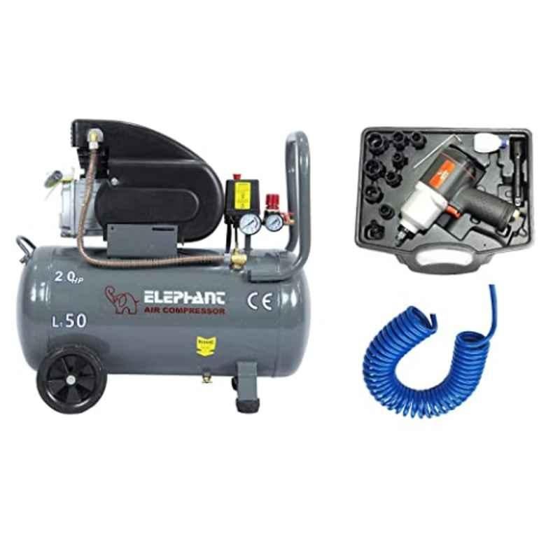 Elephant IW 02 CM 1/2 inch Pneumatic Impact Wrench & AC-50C 50L Air Compressor with Pipe Fittings Combo with 6 Months Warranty