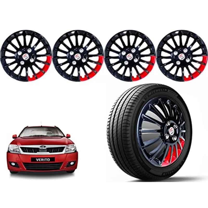 Auto Pearl 4 Pcs 14 inch Polypropylene Black & Red Press Type Car Wheel Cover Set with Retention Ring for Mahindra Verito