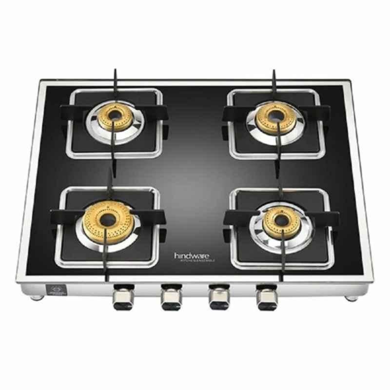 Hindware Dario Blk AI 4B Glass Top Cooktop with 4 Brass Burner & Automatic Ignition