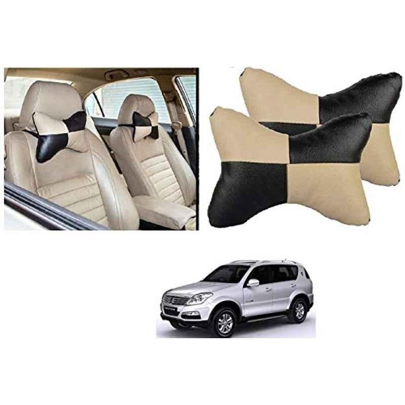 Kozdiko 2 Pcs Black & Beige Car Square Chess Design Neck Rest Seat Pillow Set for Mahindra Rexton