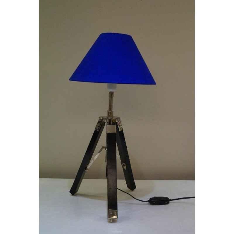 Tucasa Mango Wood Black Tripod Table Lamp with Polycotton Blue Shade, P-38