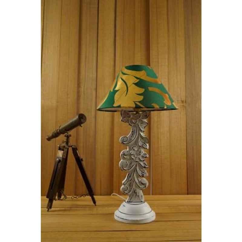 Tucasa Mango Wood Antique White Carving Table Lamp with 10 inch Polycotton Green Gold Pyramid Shade, WL-13