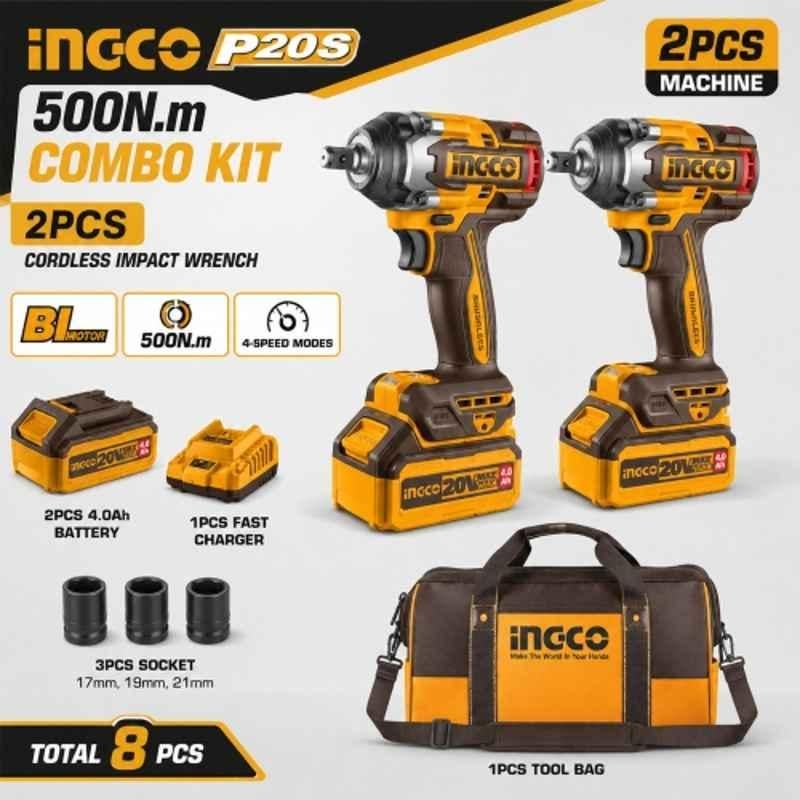 Ingco 1/2 inch 20V 500Nm Cordless Impact Wrench Combo with Brushless Motor