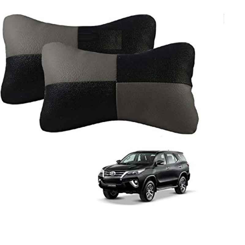 Kozdiko 2 Pcs Leather Grey & Black Neck Rest Car Cushion Pillow Set for Toyota Fortuner 2016