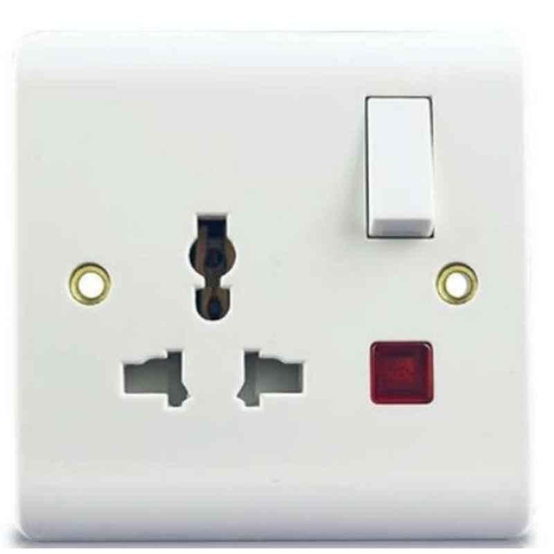 Micron 13A 1 Gang Bakelite White Universal Switch Socket with Neon, MME0241