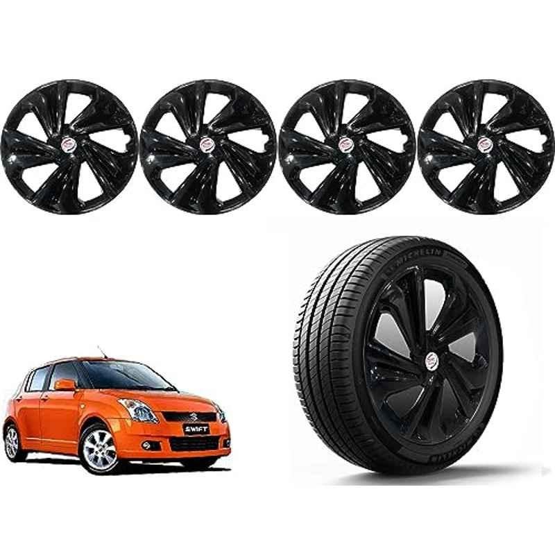 Auto Pearl 4 Pcs 14 inch Polypropylene Black Press Type Car Wheel Cover Set with Retention Ring for Maruti Suzuki Swift 2006-2010, 14WC_Tiago_Black_Swift2006_2010