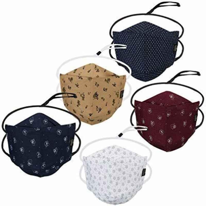 Wellstar 5 Pcs 6 Layer Cotton Printed Face Mask Set with Adjustable Earloop for Men & Women, MASK_1028