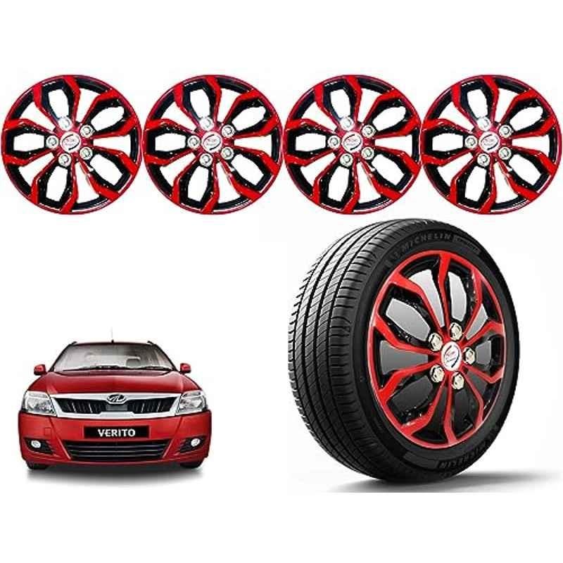 Auto Pearl 4 Pcs 14 inch Polypropylene Red & Black Press Type Car Wheel Cover Set with Retention Ring for Mahindra Verito