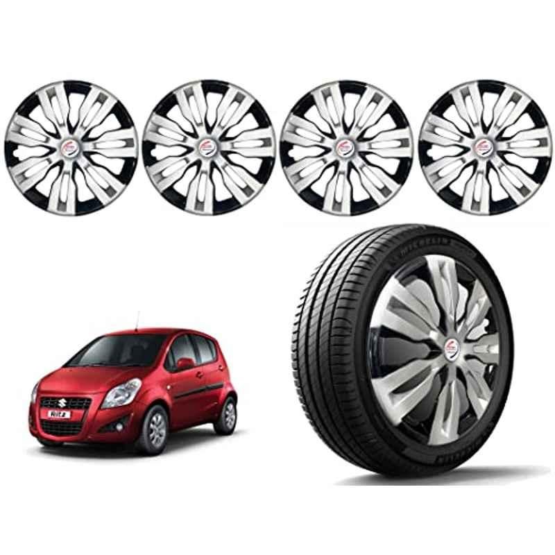Auto Pearl 4 Pcs 14 inch Polypropylene Silver & Black Press Type Car Wheel Cover Set with Retention Ring for Maruti Suzuki Ritz Type 2 2015-2017, 14WC_Dzire2017_DC_RitzType2_2015_17