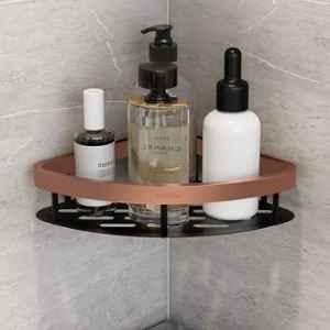 Plantex 8x8 inch Aluminium & Stainless Steel Copper & Black Self Adhesive Corner Shelve for Bathroom Wall/Storage Organizer, APS-1452