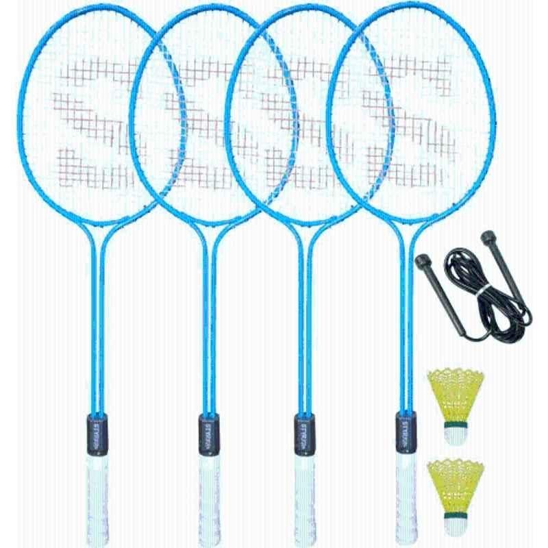 STYRKR Alloy Steel Blue Badminton Racquet Set of 4 Steel Frame with Shuttlecocks 2 Skipping Rope Badminton Kit