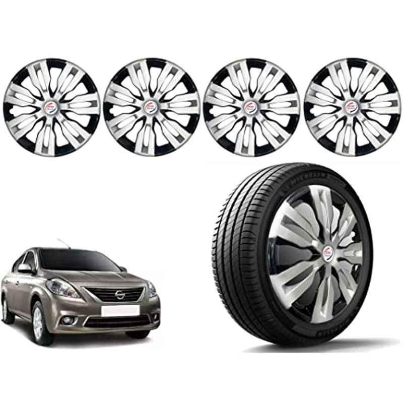 Auto Pearl 4 Pcs 14 inch Polypropylene Silver & Black Press Type Car Wheel Cover Set with Retention Ring for Nissan Sunny 2011-2014, 14WC_Dzire2017_DC_Sunny(2011-2014)