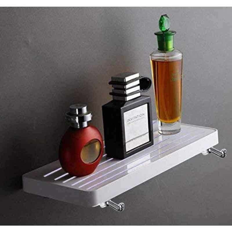 Aquieen ABS & Stainless Steel White Wall Shelve with 2 Folding Hook for Bathroom & Kitchen
