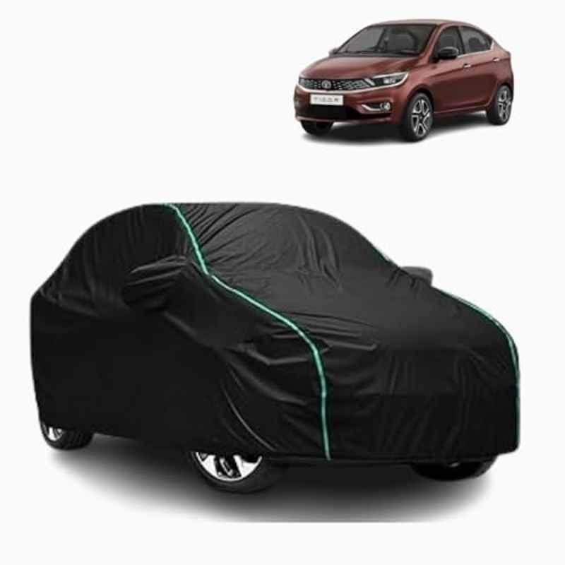 Aarex Auto Polyester Black 100% Waterproof Car Body Cover with Mirror Pocket, Inner Cotton Layer, Triple Stitched, Adjustable Belt & Bottom Elastic for Tata Tigor