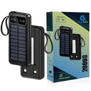 Gigalumi 20000mAh Black Solar Power Bank with LED Indicators, 2 USB-A Output, 1 Micro USB & 1 Type-C Input for Smartphones Tablets