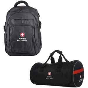 Swiss Military 25 Litre Polyester Black Medium Laptop Backpack & Black Sports Bag Combo, LBP58_BP5