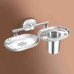 Plantex Stainless Steel Soap Dish with Tumbler Holder/Soap and Brush Holder for Bathroom/2 4-in-1 Soap Holder with Toothbrush Holder/Bathroom Accessories Chrome Finish Onix