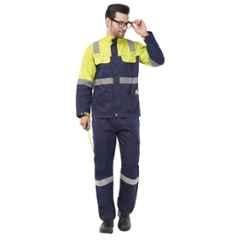 Atacama Poly Cotton Blend Twill Navy Blue & Yellow Industrial Safety Jacket & Trousers Set with Reflective Strip, AJT001NT, Size: 2XL