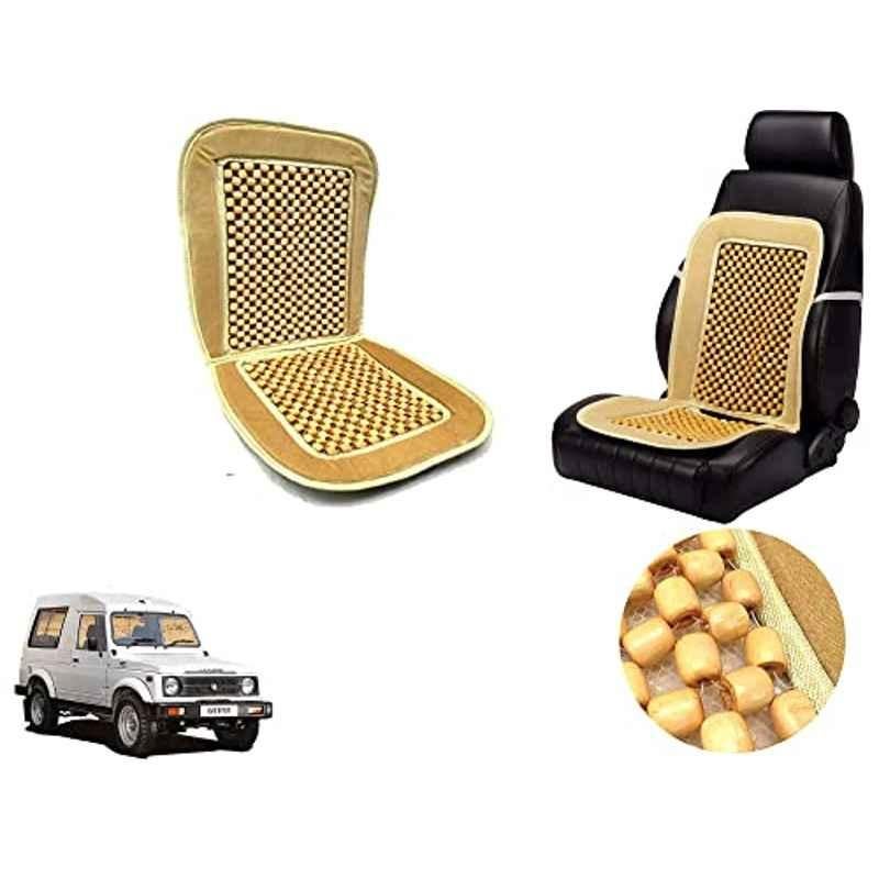 Auto Pearl PU, Velvet & Wooden Beads Beige Rectangular Seat Cushion for Maruti Suzuki Gypsy
