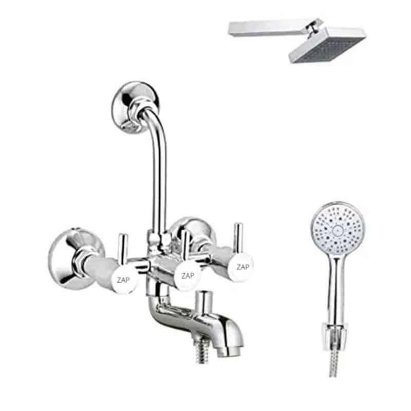 ZAP Turbo Brass 3 In 1 Wall Mixer with Head Shower & Multi Flow Hand Shower with 1.5m Flexible Tube