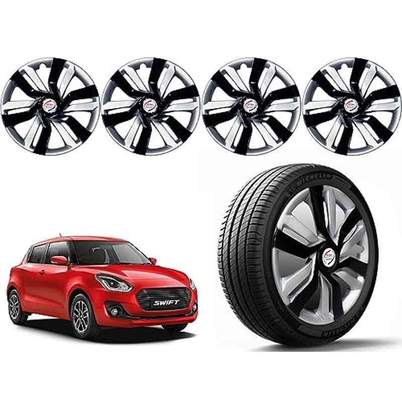 Auto Pearl 4 Pcs 14 inch Polypropylene Black & Silver Press Type Car Wheel Cover Set with Retention Ring for Maruti Suzuki Swift 2018-2022, 14WC_Idtec_Rev_Swift2018_2022