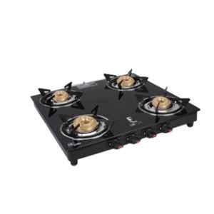 LIVFLAME 4 Burner Popular Cute Plain Toughened Glass Black Manual Gas Stove