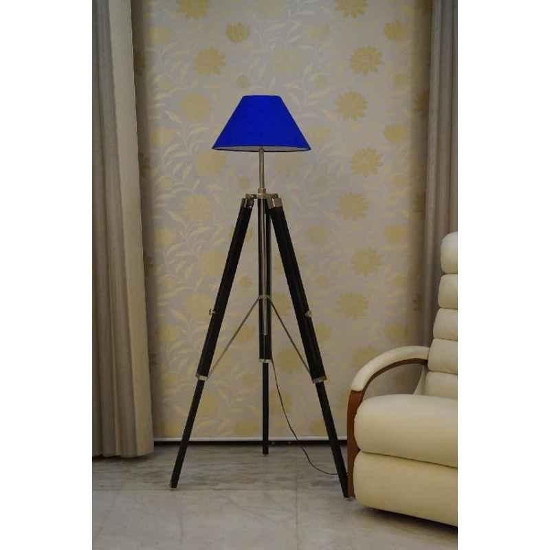 Tucasa Mango Wood Black Tripod Floor Lamp with Polycotton Blue Shade, P-138