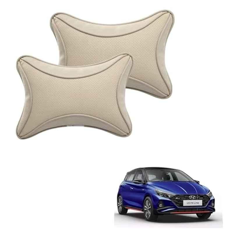 Kozdiko 2 Pcs Memory Foam & Polyester Beige Dots Car Neck Rest Pillow Set for Hyundai I20 N-Line, XNVJVHGJFH123