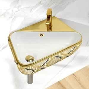 Plantex Royal 17.5x10.5x5 inch Ceramic White & Gold Designer Wash Basin for Bathroom, APS-5005