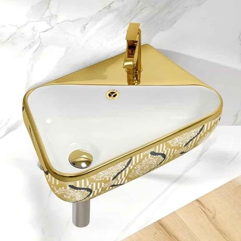 Plantex Royal 17.5x10.5x5 inch Ceramic White & Gold Designer Wash Basin for Bathroom, APS-5005