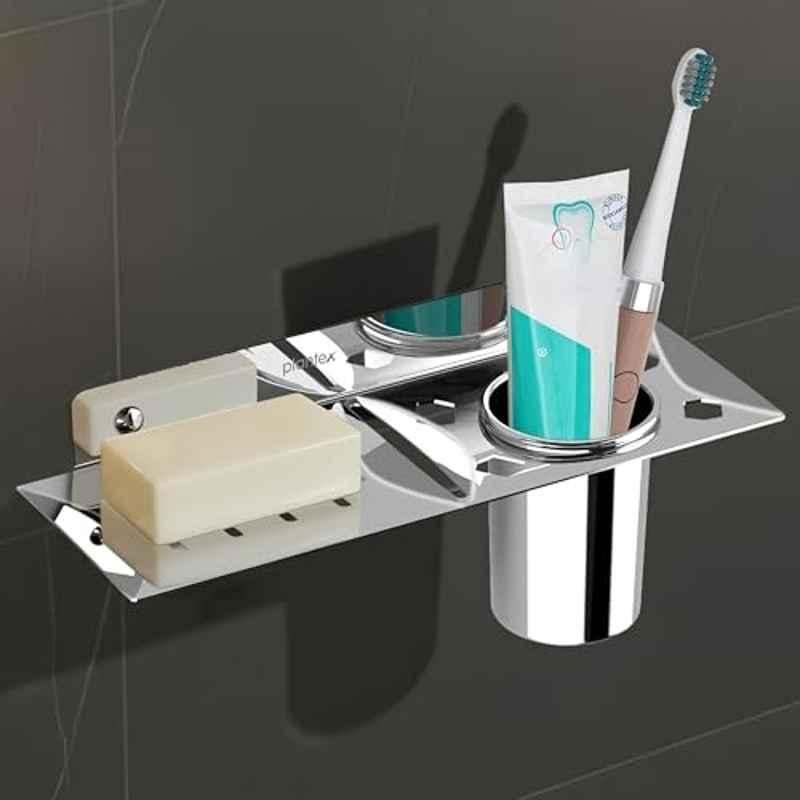 Plantex Stainless Steel 2in1 Soap Dish with Tumbler Holder/Soap Stand/Tooth Brush Holder/Bathroom Accessories Wall Mount Chrome