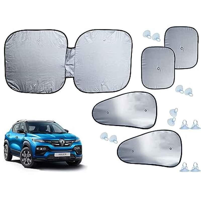 Auto Pearl 5 Pcs Polyester Black & Silver Window & Front Sun Shade Set for Renault Kiger