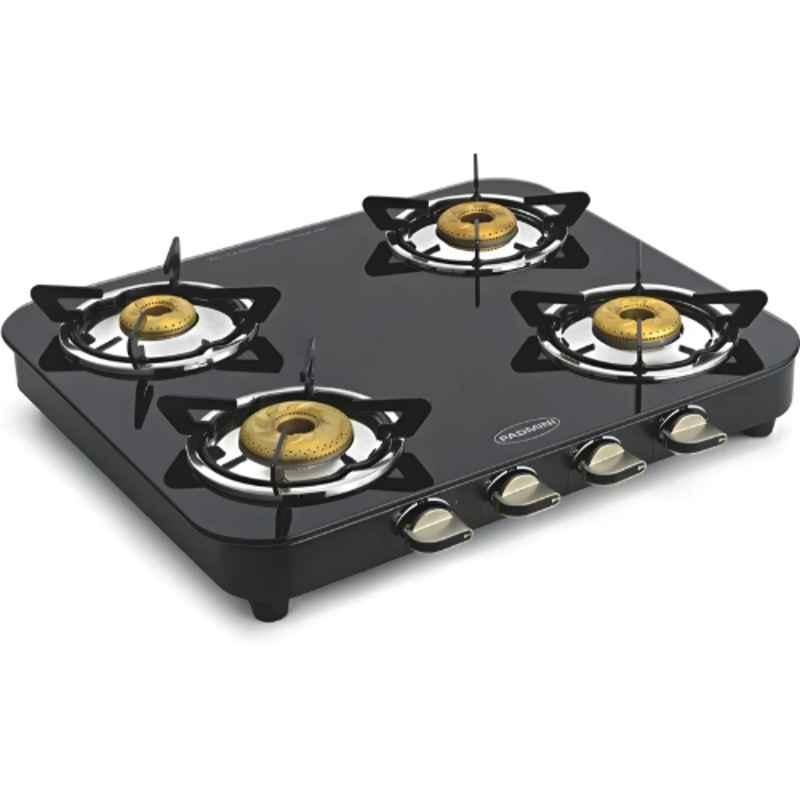 Padmini 4 Burner Stainless Steel Black Automatic Ignition Glass Top Gas Stove, 4BR CS-4 GT Grand Auto