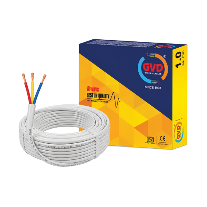 GVD 1 Sqmm White 3 Core FR PVC Flexible Stranded Insulated Copper Wire for Home, Domestic & Industrial Use, Length: 10 m