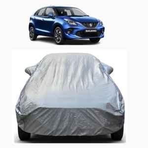Aarex Auto Polyester Silver 100% Waterproof Car Body Cover with Mirror Pocket, Inner Cotton Triple Stitched & Adjustable Belt Bottom Elastic for Maruti Suzuki Baleno, BL-Silver