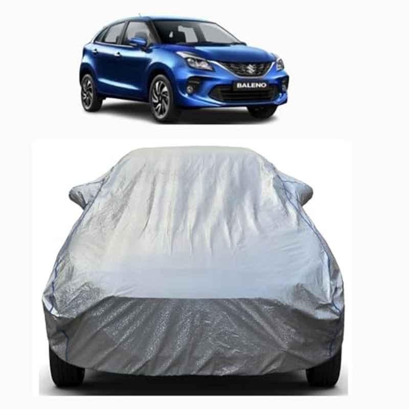 Aarex Auto Polyester Silver 100% Waterproof Car Body Cover with Mirror Pocket, Inner Cotton Triple Stitched & Adjustable Belt Bottom Elastic for Maruti Suzuki Baleno