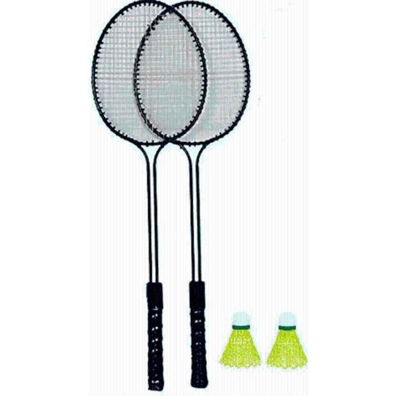 STYRKR Alloy Steel Black Badminton set/2 PC Double Shaft Racket with Nylon Shuttlecocks