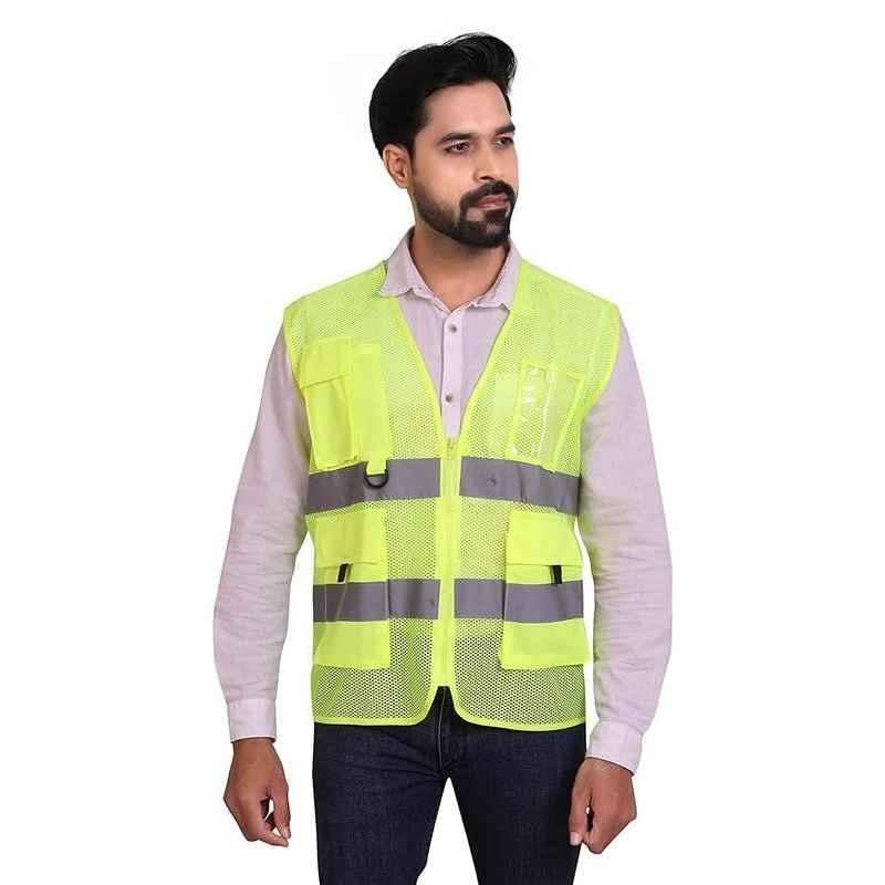 Reflectosafe Luster Polyester Neon Green Fluorescent Safety Jacket with 3M Reflective Tape, Size: M