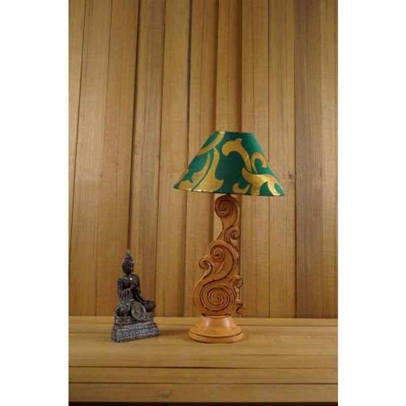 Tucasa Mango Wood Orange Carving Table Lamp with 10 inch Polycotton Green Gold Pyramid Shade, WL-86