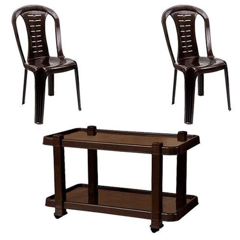 Italica 2 Pcs Polypropylene Nut Brown Without Arm Chair & Nut Brown Table with Wheels Set, 9312-2/9509