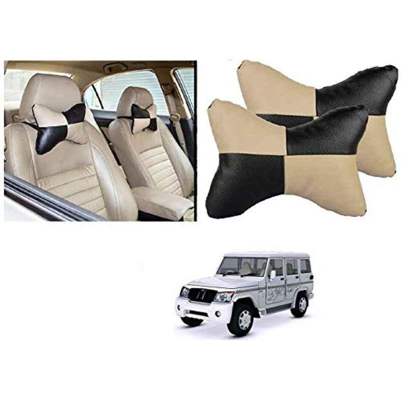 Kozdiko 2 Pcs Black & Beige Car Square Chess Design Neck Rest Seat Pillow Set for Mahindra Bolero XL
