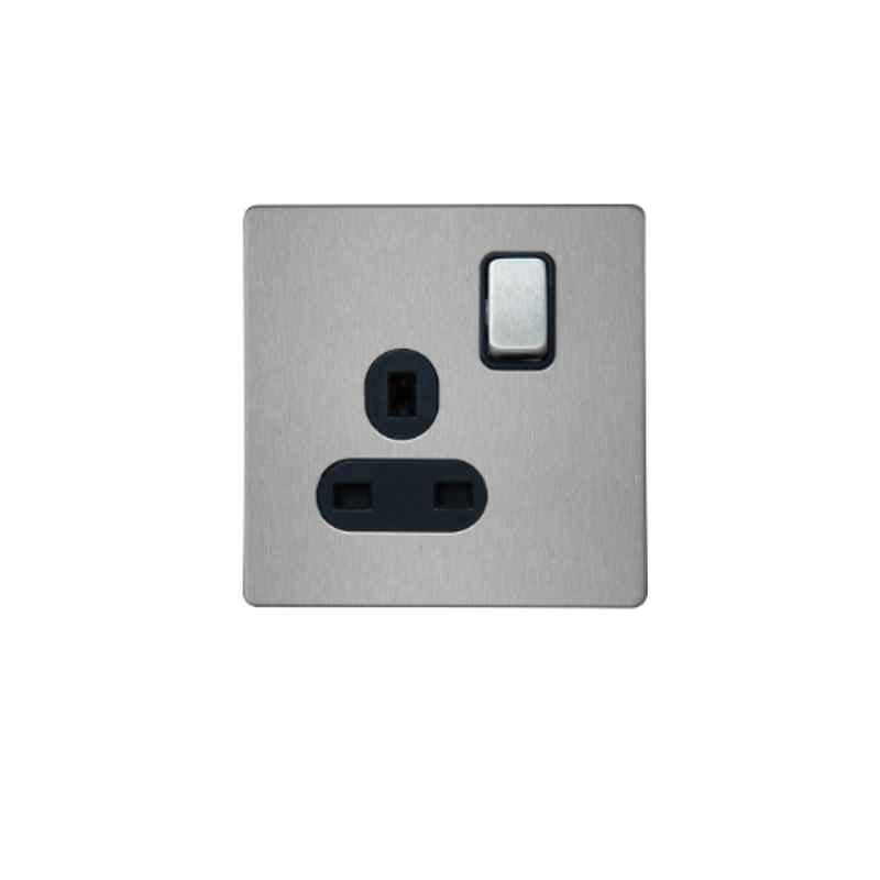 RR Vivan Metallic 15A Brushed Stainless Steel Single Outlet Switched Socket & Black Insert, VN6672M-B-BSS