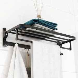 Plantex Aluminium Folding Towel Rack with Swivel Towel Rod/Towel Hanger for Bathroom/Towel Hanger with Hooks/Bathroom Accessories (24 inch) Black