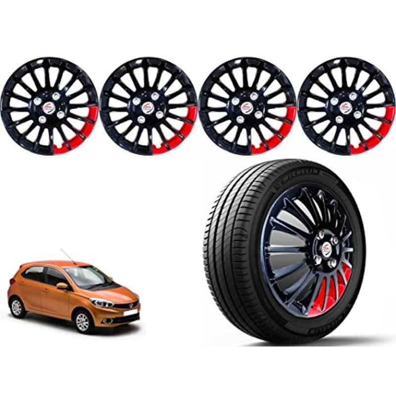 Auto Pearl 4 Pcs 14 inch Polypropylene Black & Red Press Type Car Wheel Cover Set with Retention Ring for Tata Tiago XT & XZ 2016-18