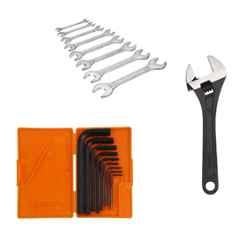 Hillgrove HGCM443M1 8 inch Universal Multi-Function Adjustable Wrench, 8 Pcs Open End Wrench Set & 9 Pcs Hex Allen Key Set Combo, HGCM742