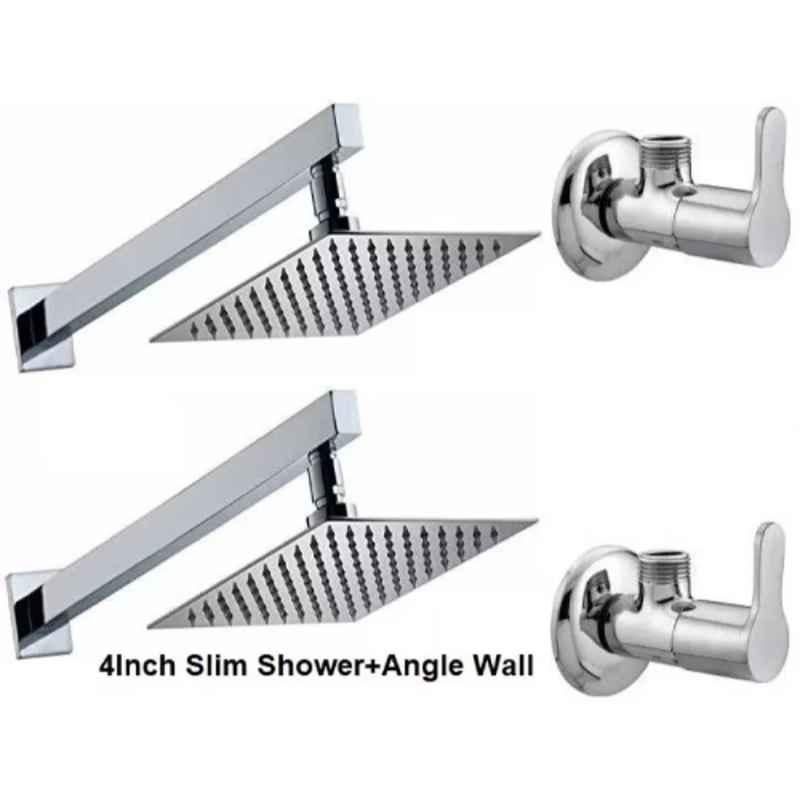 Fastgear 2 Pcs Stainless Steel Chrome Finish Angle Wall & 2 Pcs 4x4 inch Slim Shower Set