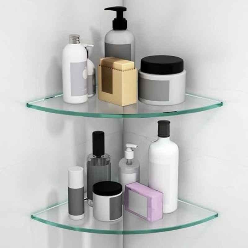 Plantex Premium Transparent Glass Corner Shelf for Bathroom/Kitchen Shelf/Bathroom Glass Shelf 9x9 inch White- (Pack of 2)