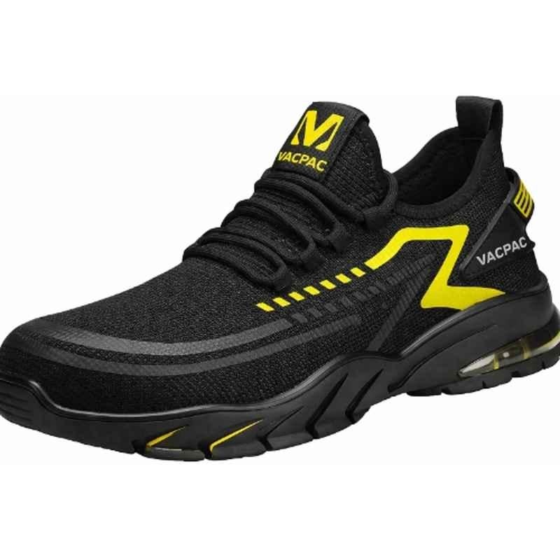 VACPAC Bold Mesh Steel Toe Black & Yellow Sports Safety Shoes for Work & Daily Use, Size: 5.5