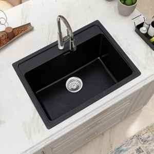 Plantex 24X18 inch Nano Black Granite Single Bowl Sink/Matt Quartz Sink For Kitchen/UV Protected Kitchen Sink/Undermount/Top mount